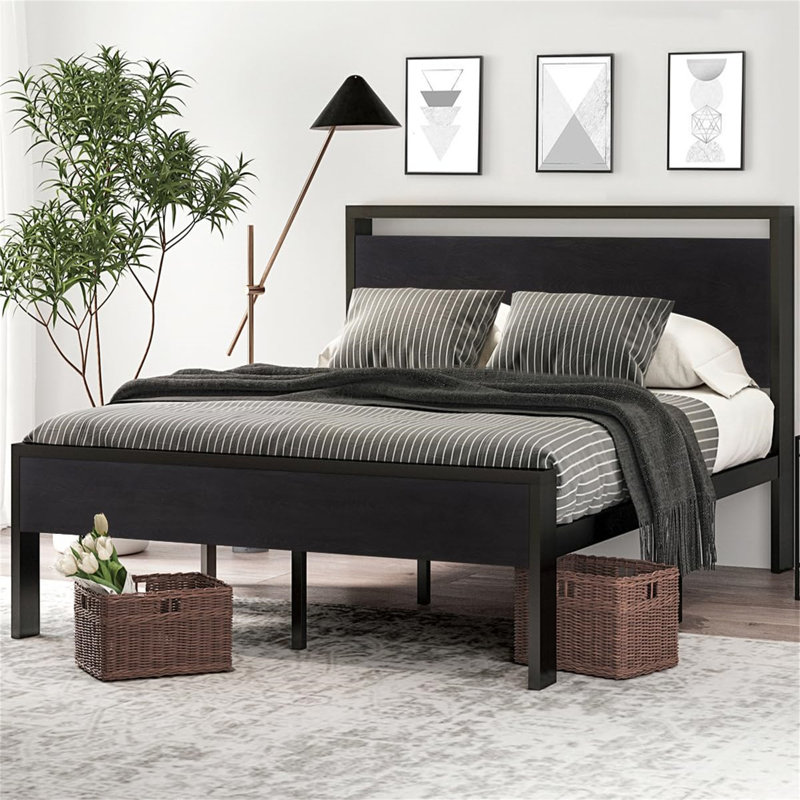 Latitude Run 14 Inch Full Size Metal Platform Bed Frame With Wooden Headboard And Footboard Wayfair